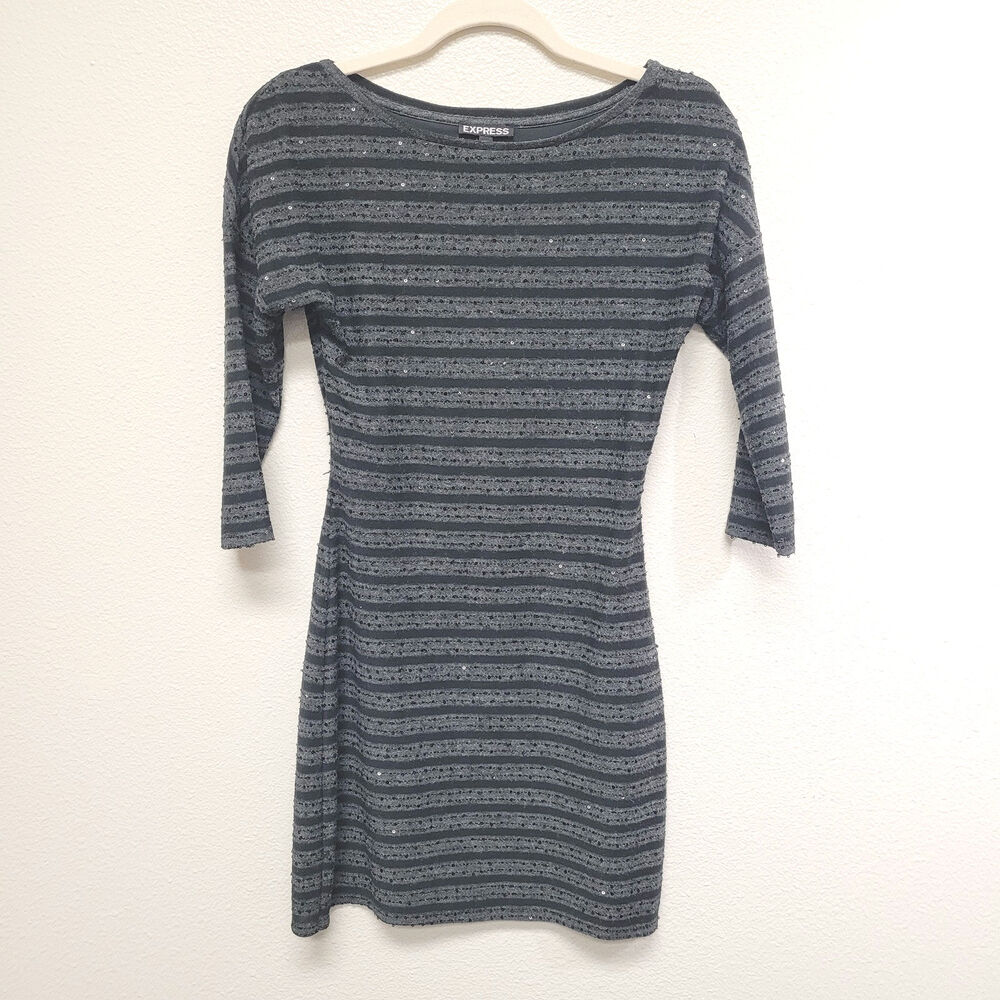 Express Gray Black Sequin Striped Sweater Dress XS Sleeve Bodycon Y2K Workwear